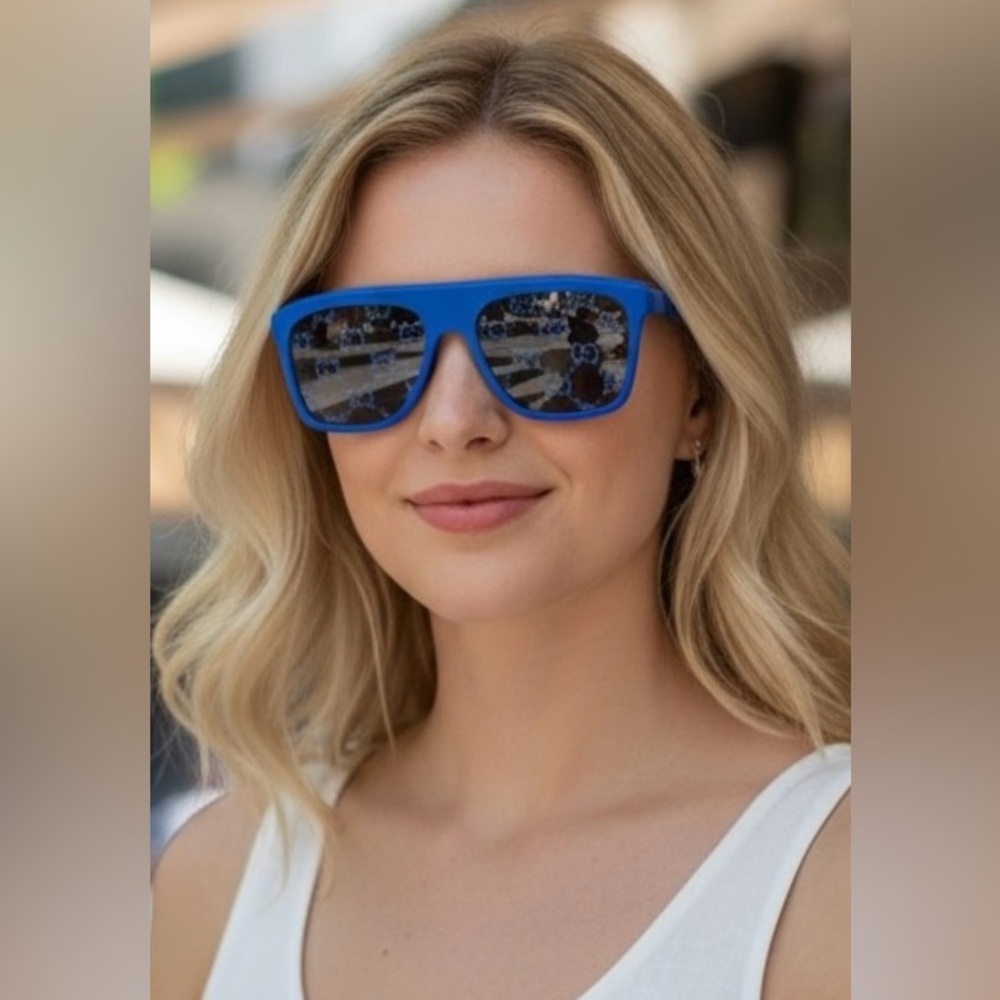 GUCCI MATTE BLUE GREY MIRRORED “GG” MONOGRAM SQUARE SUNGLASSES
